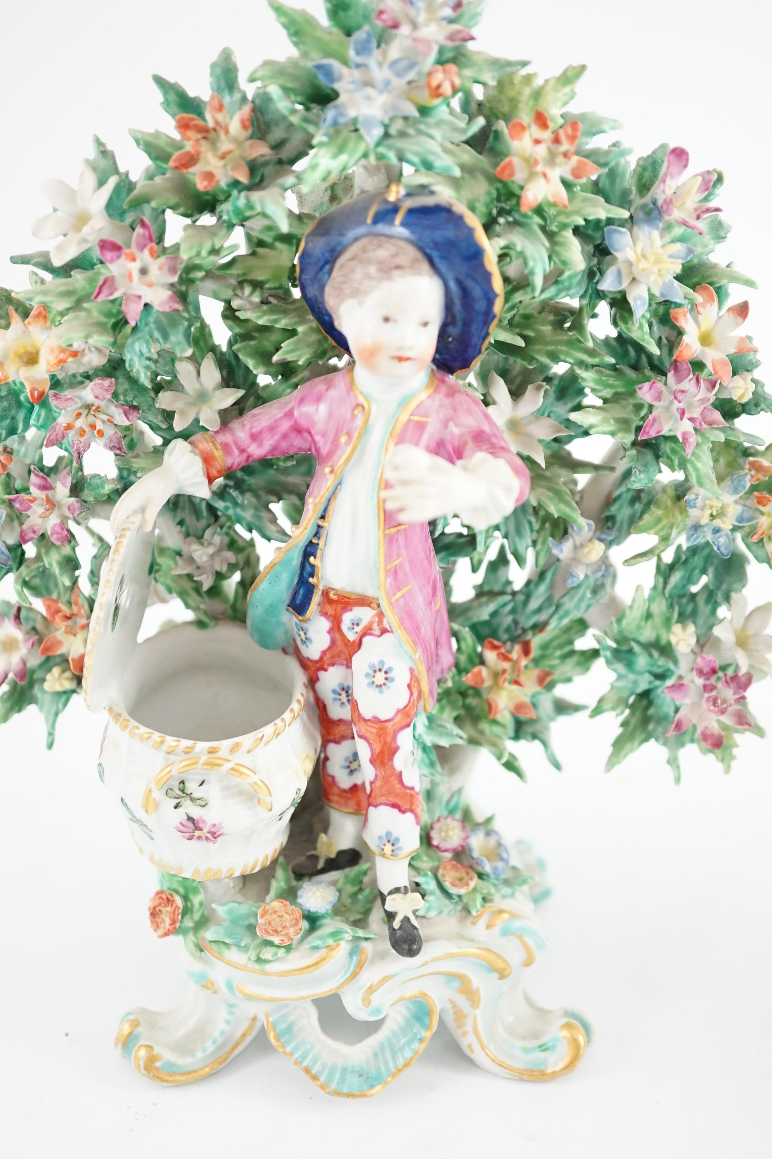 A good pair of Bow porcelain bocage figures, c.1770, 22cm high